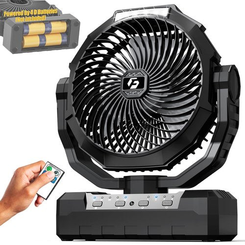 Wavmill Battery Operated Fan [200H Max], 2 in 1 D-Cell Battery & USB Powered Fans, Portable Camping Fan with 4 Speeds, Light, Timer, Remote for Outdoor Tent, Travel, Picnic, Office, Bedroom - Black