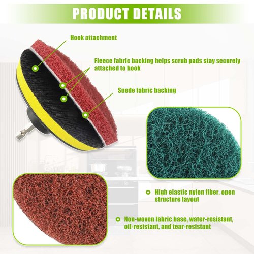 EPLZON 4 Inch Scrub Drill Brush Power Scouring Pads Household Cleaning Set for Kitchen Bathroom 4 Red Pads 4 Green Pads 1 Drill Attachment and 1 Universal Shaft