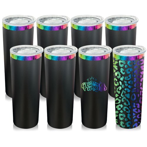 FunTrans 20 oz Skinny Tumblers Stainless Steel Tumbler with Lid and Straw Double Wall Vacuum Insulated Coffee Mug 20oz Powder Coated Cup for Hot and Cold Drinks(Black,8 pack)