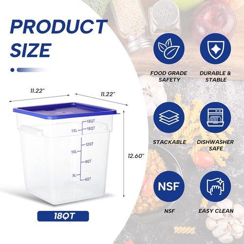 Clear NSF Food Storage Containers - 18 Quart Square Set with Lids & Scale | 4 Pack Polycarbonate