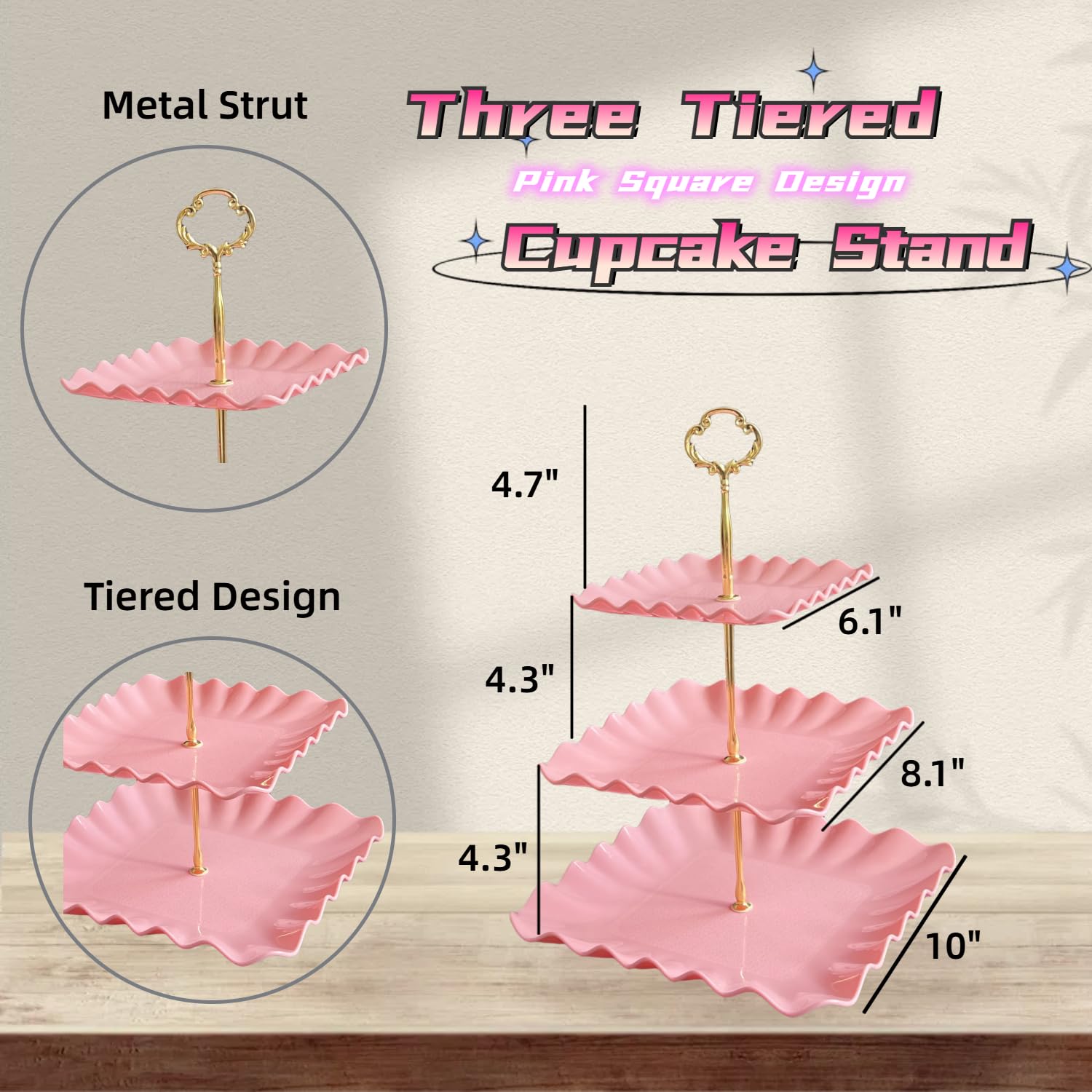 2 Pack of Plastic Square Dessert Cupcake Stand, 3 Tier Cup Cake Holder Tower for Tea Party/Birthday/Wedding, Plastic Tiered Serving Tray (Pink)
