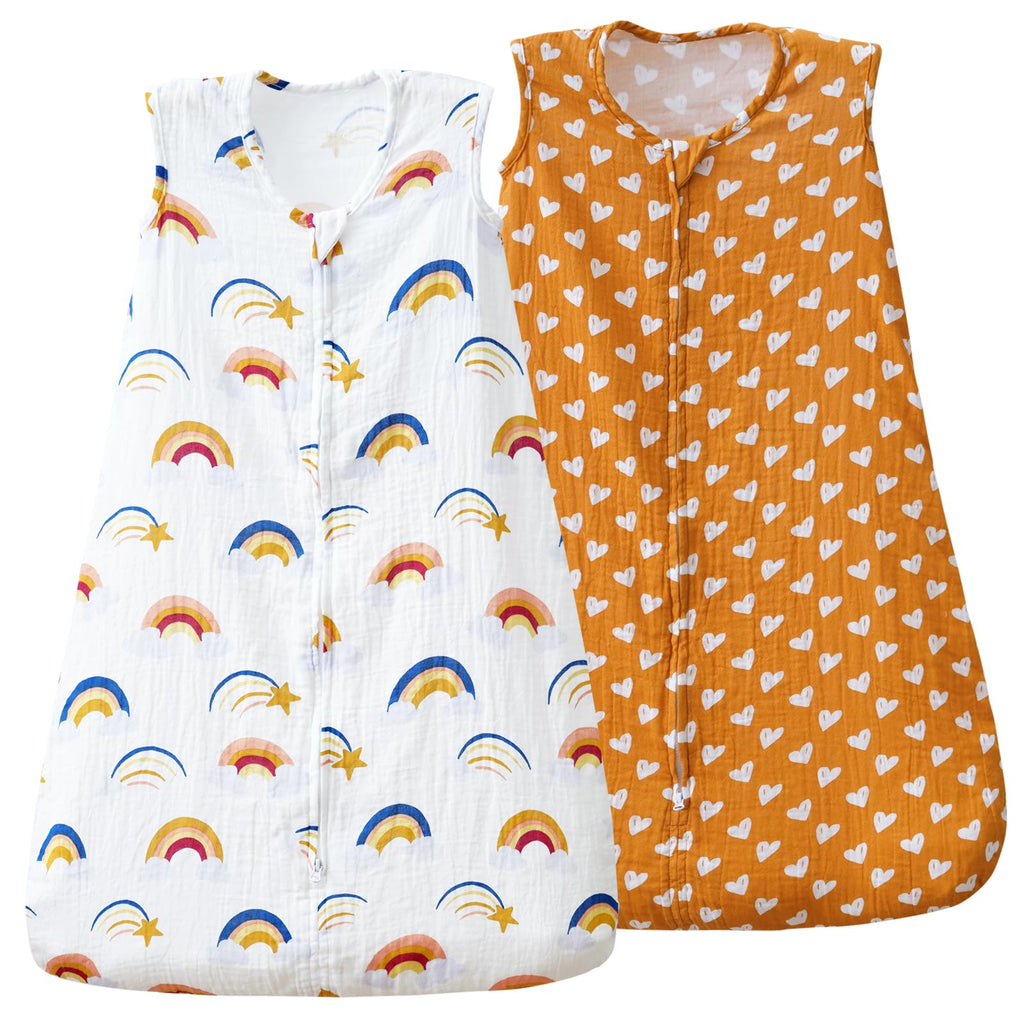 david's kids Muslin Cotton Baby Sleep Sack 18-24 Months, 2 Pack 100% Cotton Sleeping Bag for Summer, TOG 0.5 Baby Wearable Blankets with 2-Way Zipper, Soft Sleep Sacks for Newborn Infant, Rainbow