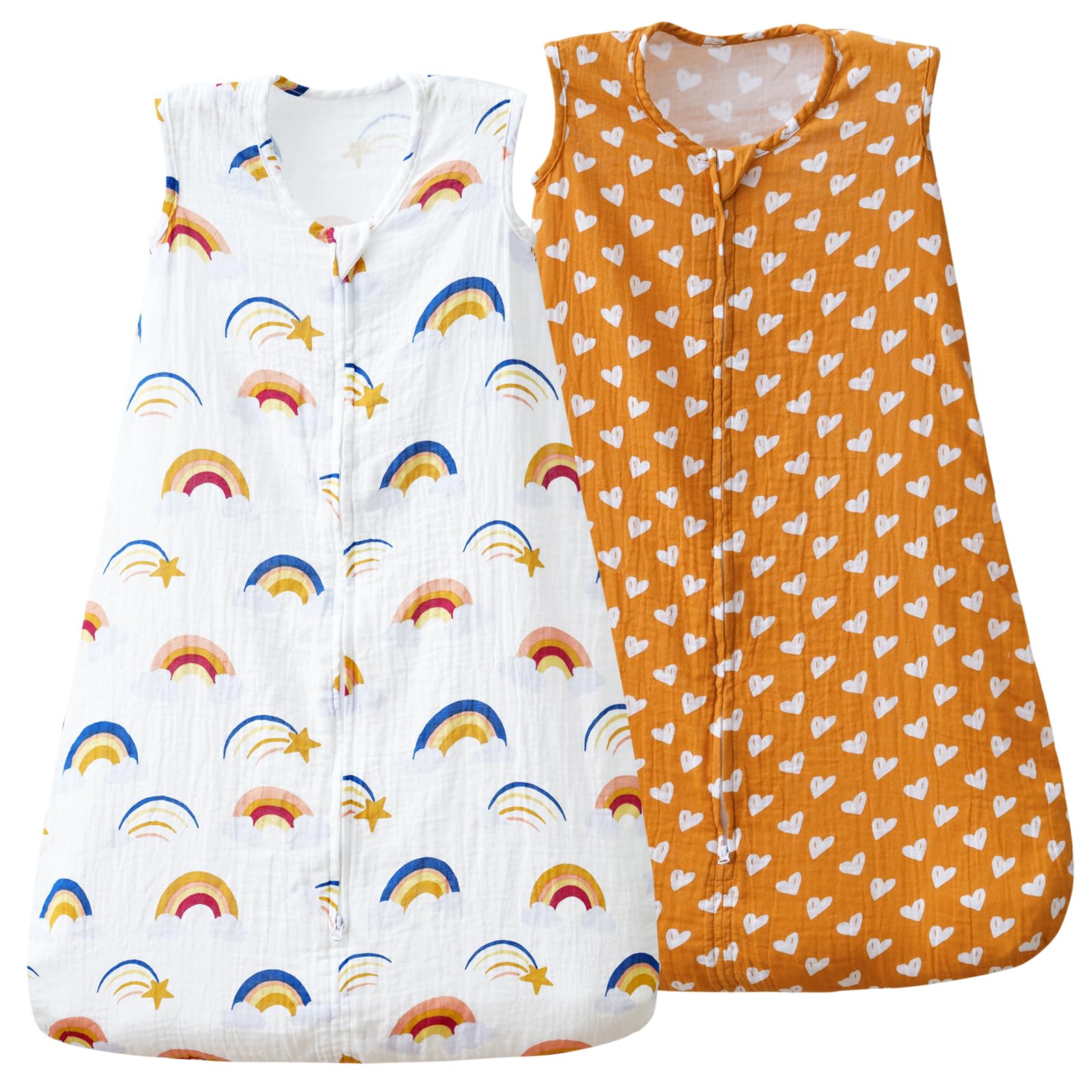 david's kids Muslin Cotton Baby Sleep Sack 18-24 Months, 2 Pack 100% Cotton Sleeping Bag for Summer, TOG 0.5 Baby Wearable Blankets with 2-Way Zipper, Soft Sleep Sacks for Newborn Infant, Rainbow
