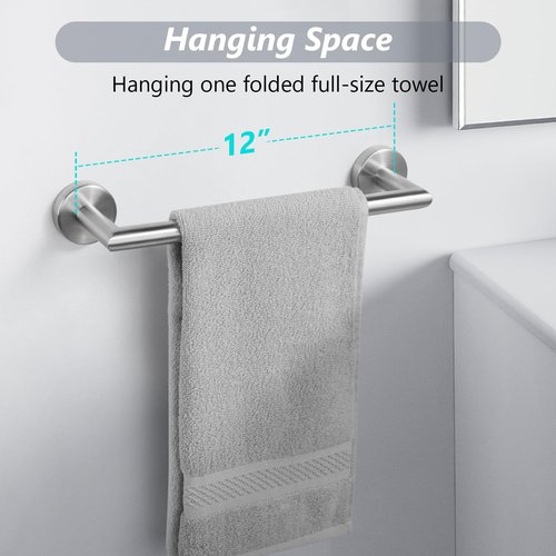 JunSun Bathroom Towel Bar 12 Inch Brushed Nickel Towel Racks Wall Mounted Bath Hand Towel Holder Modern Home Decor Towel Rod Bathroom Hardware Stainless Steel Towel Hanger Silver Towel Rail Single Bar