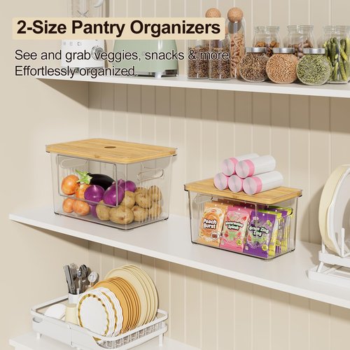 2 Pack Trash Bag Holder with Bamboo Lid, Stackable Acrylic Trash Bag Dispenser Roll Holder Under Sink, Plastic Container Garbage Bags Storage Organizer for Kitchen, Pantry, Laundry Room Organization