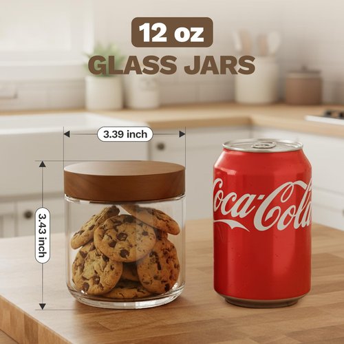 Bumobum 12 oz Glass Mason Jars with Lids, Glass Container with Acacia Wood Airtight Lid, Wide Mouth Canisters for Chia Pudding Loose Tea Coffee Meal Prep Parfait Salad Snacks Yogurt Spice, 4-Pack