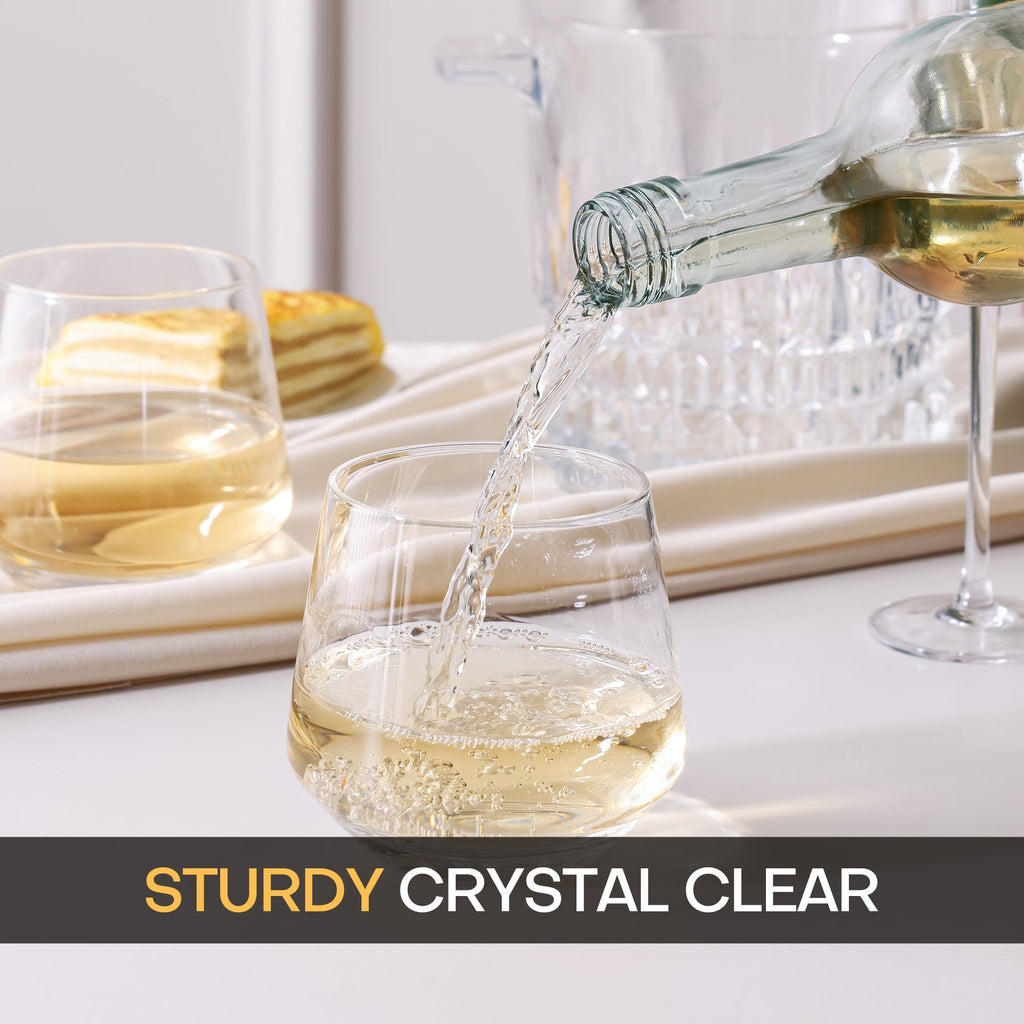 OUWO Stemless Wine Glasses Set of 6, 13.5oz Red White Wine Glasses for Daily Use, Hosting, Home Bar, Evening Party, Birthdays, Housewarming Gift, Clear