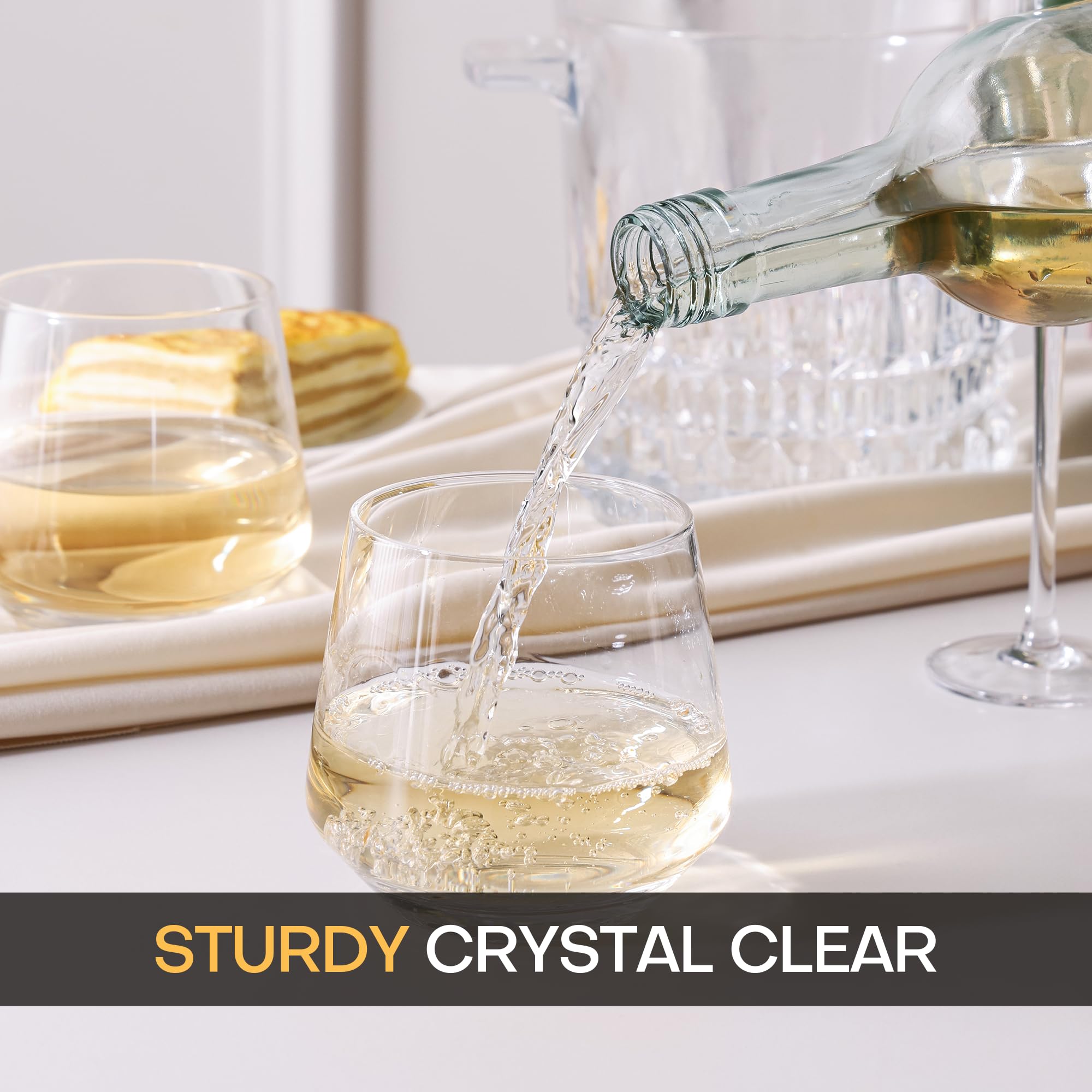 OUWO Stemless Wine Glasses Set of 6, 13.5oz Red White Wine Glasses for Daily Use, Hosting, Home Bar, Evening Party, Birthdays, Housewarming Gift, Clear