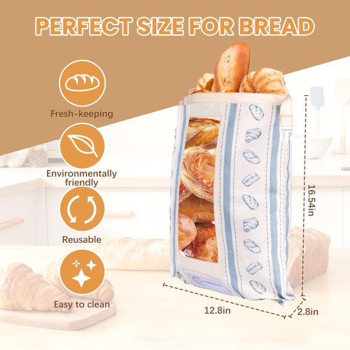 Katgogoo Reusable Bread Bags, Cotton & TPU Lining Bread Bags with Transparent Window, Anti-Slip Lock Keeps Homemade & Sourdough Bread Fresh Longer, Eco-Friendly Washable Storage with Tag(2 Pack)