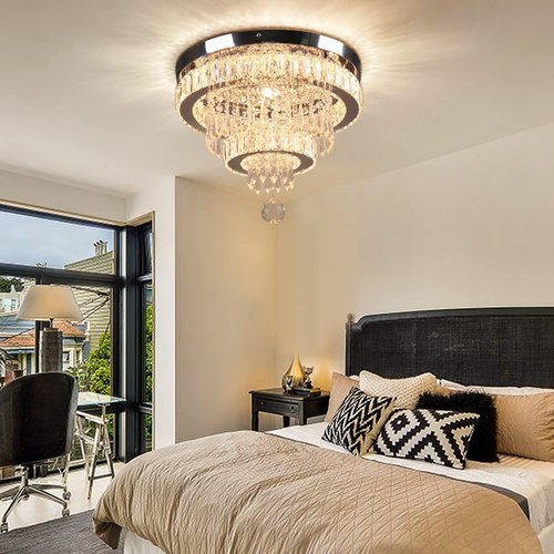 Cainjiazh Crystal Chandeliers Modern Crystal Chandelier Flush Mount Ceiling Light Fixture with Remote Control for Bedroom Dining Room Living Room (16 inch Dimmable)