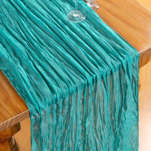 DeZerlor Teal Green Cheesecloth Table Runner Spring Easter Table Runner Boho Gauze 120 Inches Turquoise Cheese Cloth Table Decor for Wedding Bridal Baby Shower Parties