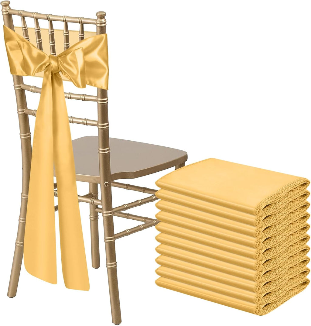 Skiennix Gold Satin Chair Sashes - Elegant Bows for Weddings & Events | 10 PCS, 7x108 Inch