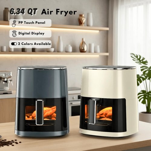 Air Fryer 6.34QT with Clear Window, 12-in-1 Air Fryer Oven, Square Airfryer, Air Fry, Roast, Reheat, Dehydrate, Bake, Steam, 400°F Rapid Air Crispy Technology, Grey