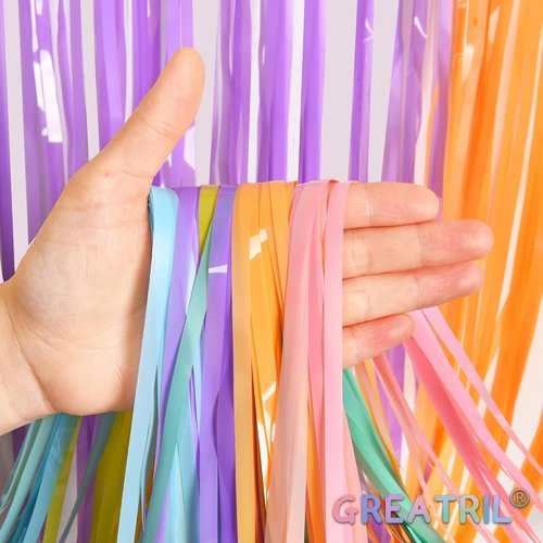 GREATRIL Pastel Tinsel Curtain - Foil Fringe Backdrop for Birthdays, Baby Showers & Parties