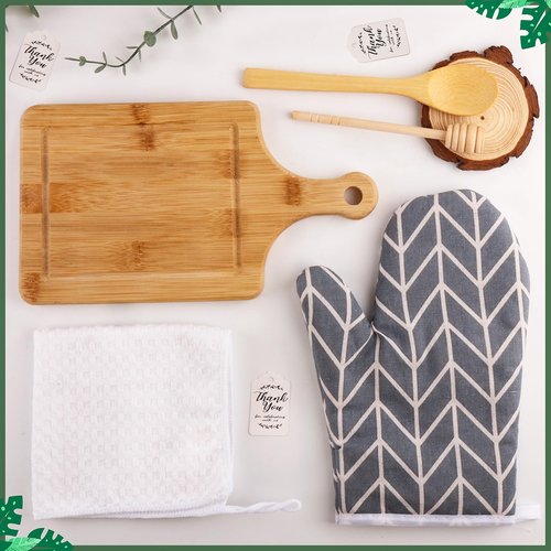 6 Sets Baby Shower Prizes for Game Winners, 37Pcs Include Bamboo Cheese Board Spoon Honey Stick Dipper Oven Mitts Towel Eucalyptus Stems Thank You Card and PVC Gift Bags Wedding Bridal Shower Favors