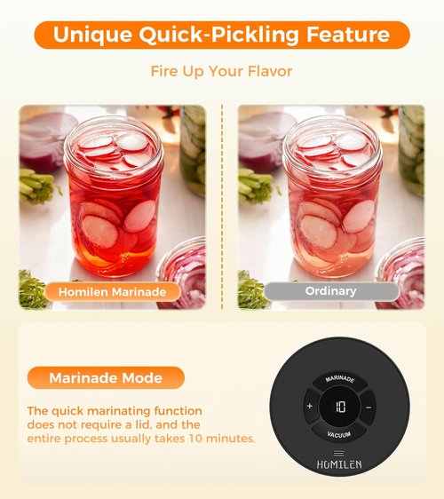 HOMILEN Electric Mason Jar Vacuum Sealer Kit - 2 Modes for Vacuum and Fast Marinade, 10 Sealing Lids - Preserve Freshness Efficiently, Ideal for Canning Jams, Pickles, Dry Foods, Grains Storage