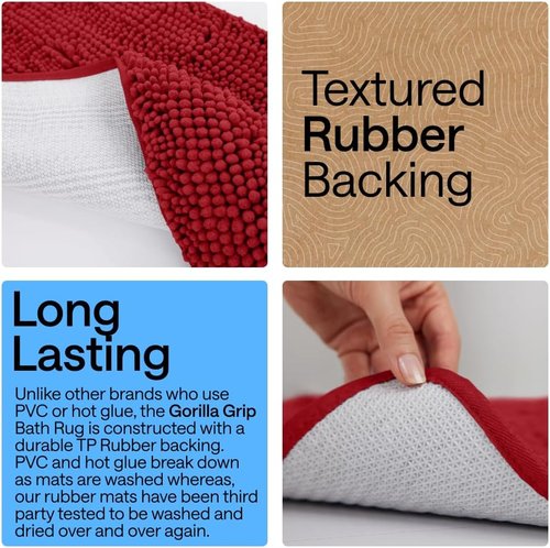 GORILLA GRIP Bath Rug Mat - Soft Absorbent Chenille | Quick-Dry Microfiber, 60x24, Red