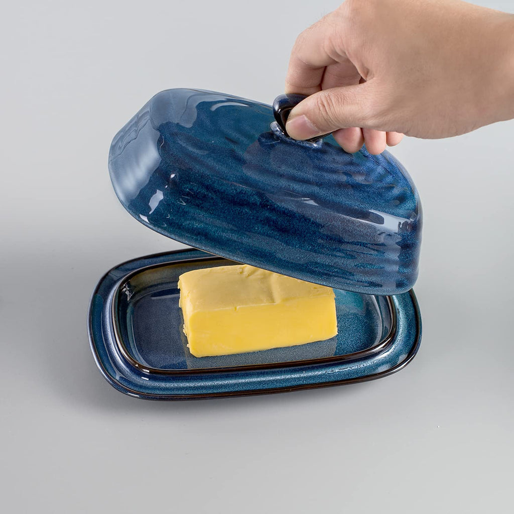 Tikooere Butter Dish with Lid, Ceramic Butter Keeper Holder with Cover and Handle for Countertop, Porcelain Butter Container for East West Coast Butter, Butter Tray for Kitchen Gift, Blue