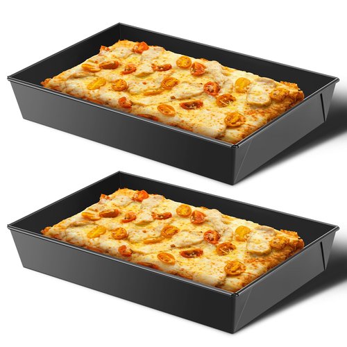 RimCereal 2 Pcs Detroit Style Pizza Pan 10 x 14 x 2.36 Inch Non Stick Rectangle Deep Pizza Pans Pre Seasoned Carbon Steel Sicilian Style Pan Dish Bakeware Kitchenware
