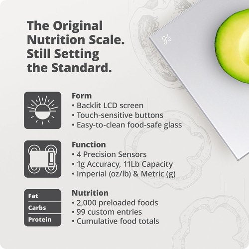 Greater Goods Food Scale - Nutrition Calculator & Meal Prep Tool | Compact 11lb Capacity, Silver