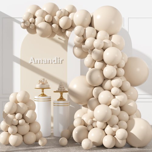 Amandir 153pcs White Sand Balloons Arch Garland Kit Different Sizes 18 12 10 5 Inch Cream Beige Sand White Latex Balloon for Birthday Boho Neutral Baby Shower Wedding Anniversary Party Decorations