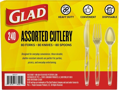 Glad Clear Disposable Cutlery Set - Heavy Duty Plastic Forks, Knives & Spoons | 240 Count, Dishwasher Safe