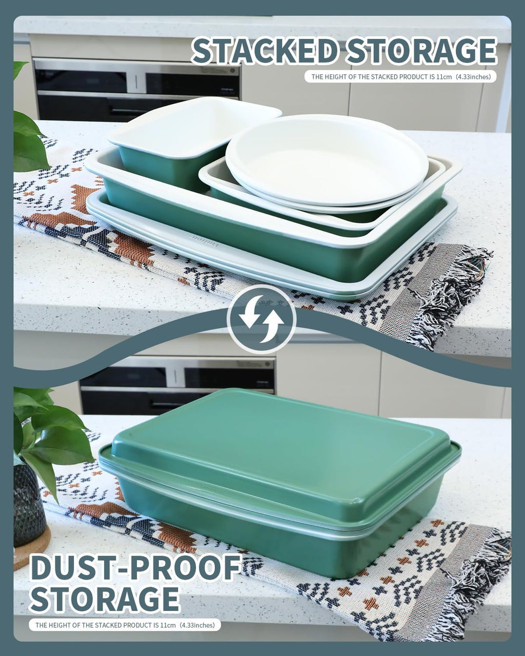 Skiennix Ceramic Nonstick Baking Pans Set - 30 PCS Stackable Bakeware, 550°F Oven Safe, Green