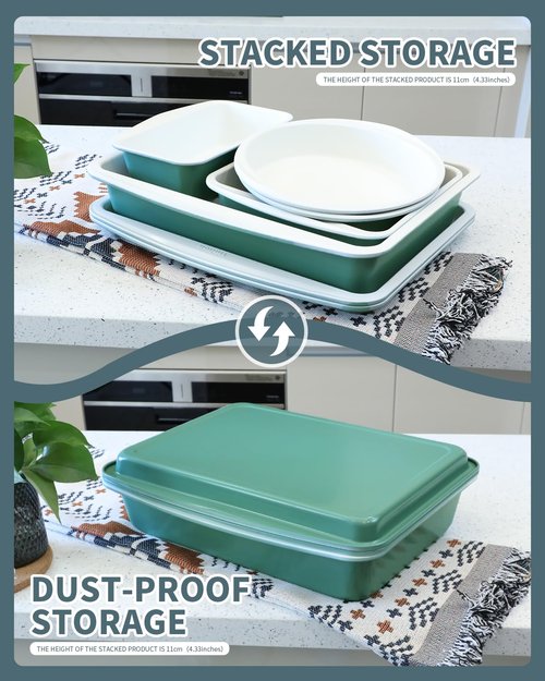 Ymiton Ceramic Nonstick Baking Pans Set, Non Toxic 30 PCS Stackable Bakeware Sets, 550°F Oven Safe Baking Sheet & Pans, Warp-Free, Dishwasher Safe, PTFE/PFOA/PFOS-Free (Green)