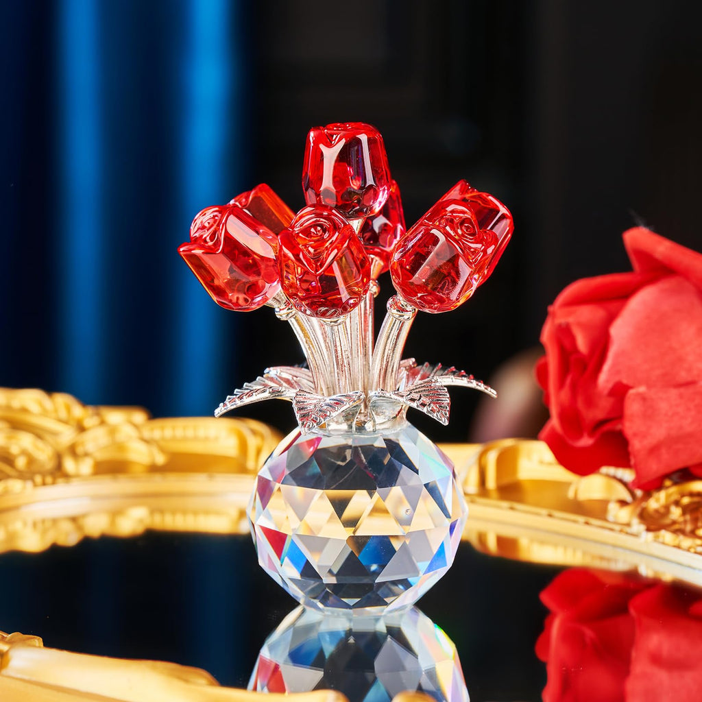 XLSJGYP Red Rose Crystal Flower Paperweight,Glass Flower Gifts for Sister Girlfriend Women Girl Wife,Crystal Flowers Bouquet Collectible for Valentine's Day Wedding Anniversary (Red Rose 02)