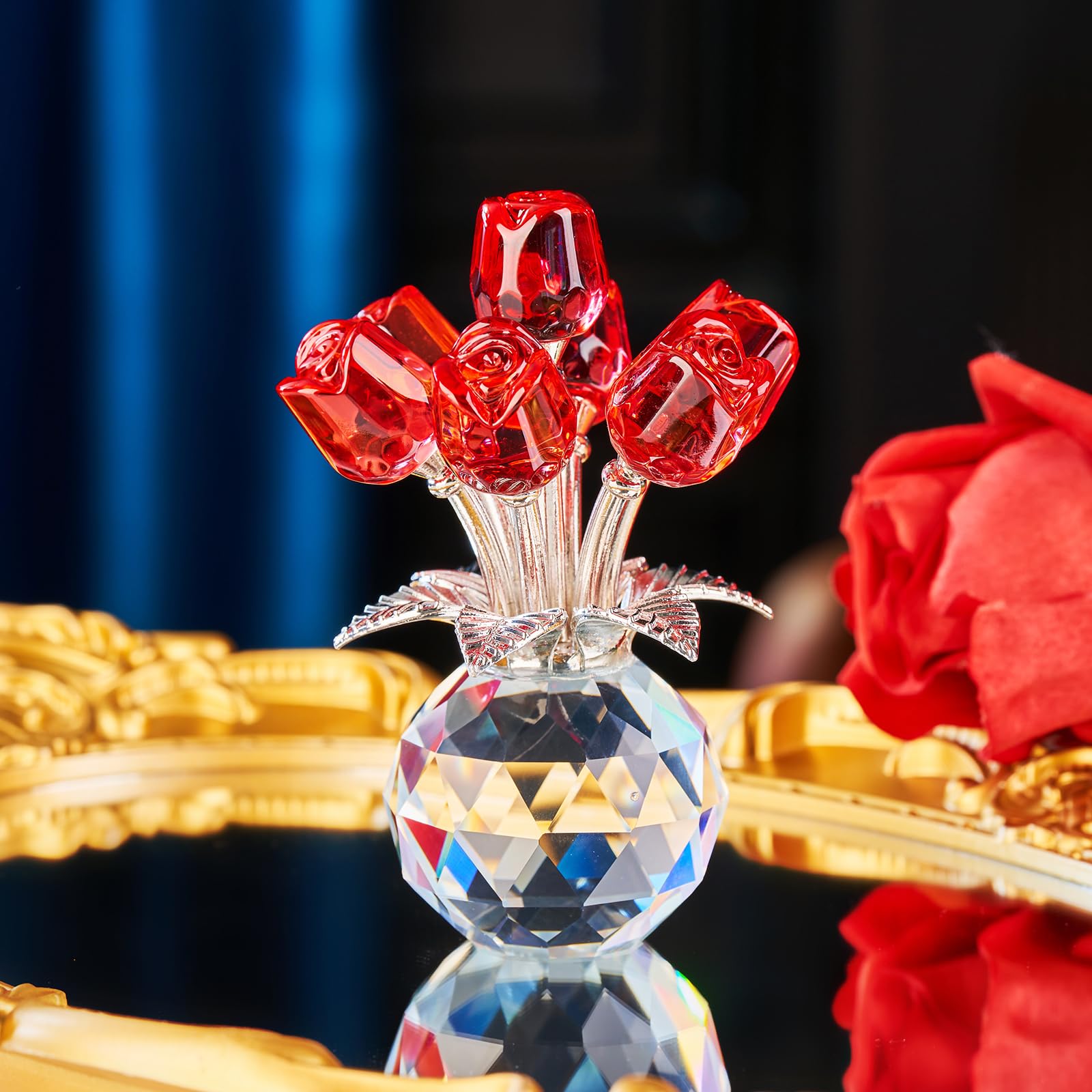 XLSJGYP Red Rose Crystal Flower Paperweight,Glass Flower Gifts for Sister Girlfriend Women Girl Wife,Crystal Flowers Bouquet Collectible for Valentine's Day Wedding Anniversary (Red Rose 02)