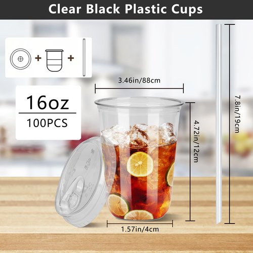 MOQRUAO 100 Sets 16oz Disposable Stemless Plastic Cups with Strawless Sip Lids, Clear PET Coffee Cups for Iced Coffee, Cold Drinks, Halloween, Christmas, Party and Drink Shop Supplies (Clear (16oz))
