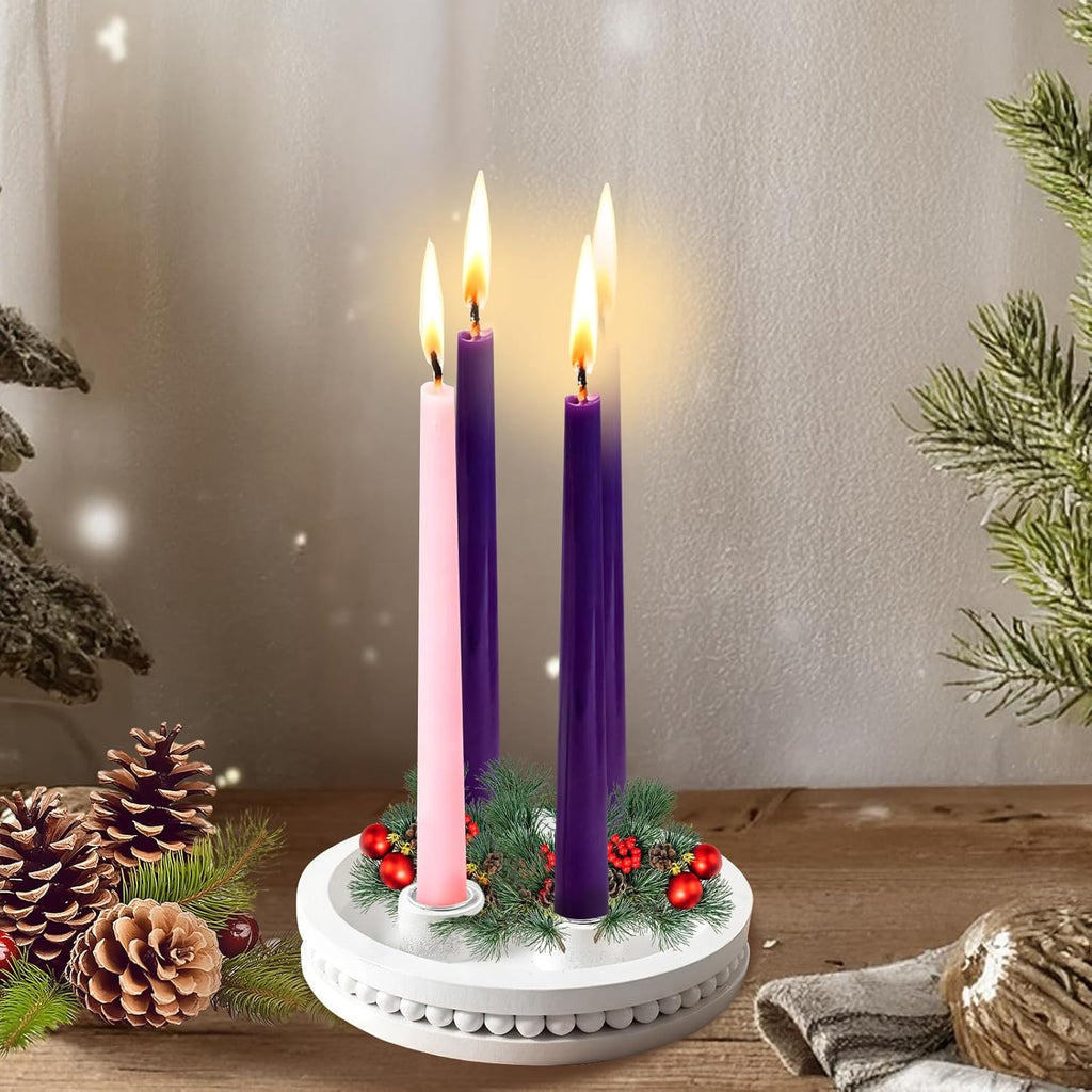 Skiennix 7-Inch Wooden Candle Holder - Elegant Advent Wreath with Bead Design for Christmas Decor | White