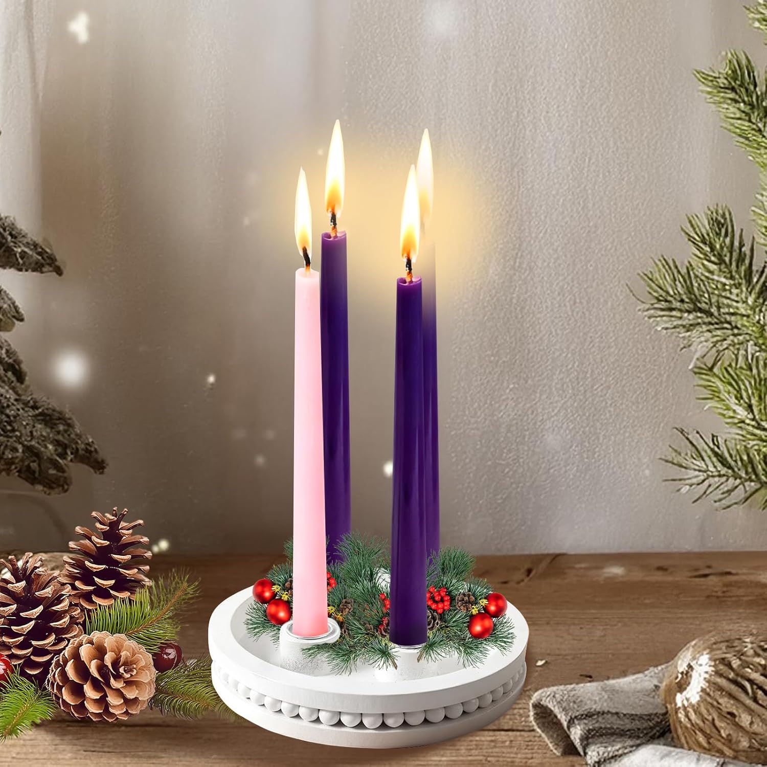 Skiennix 7-Inch Wooden Candle Holder - Elegant Advent Wreath with Bead Design for Christmas Decor | White