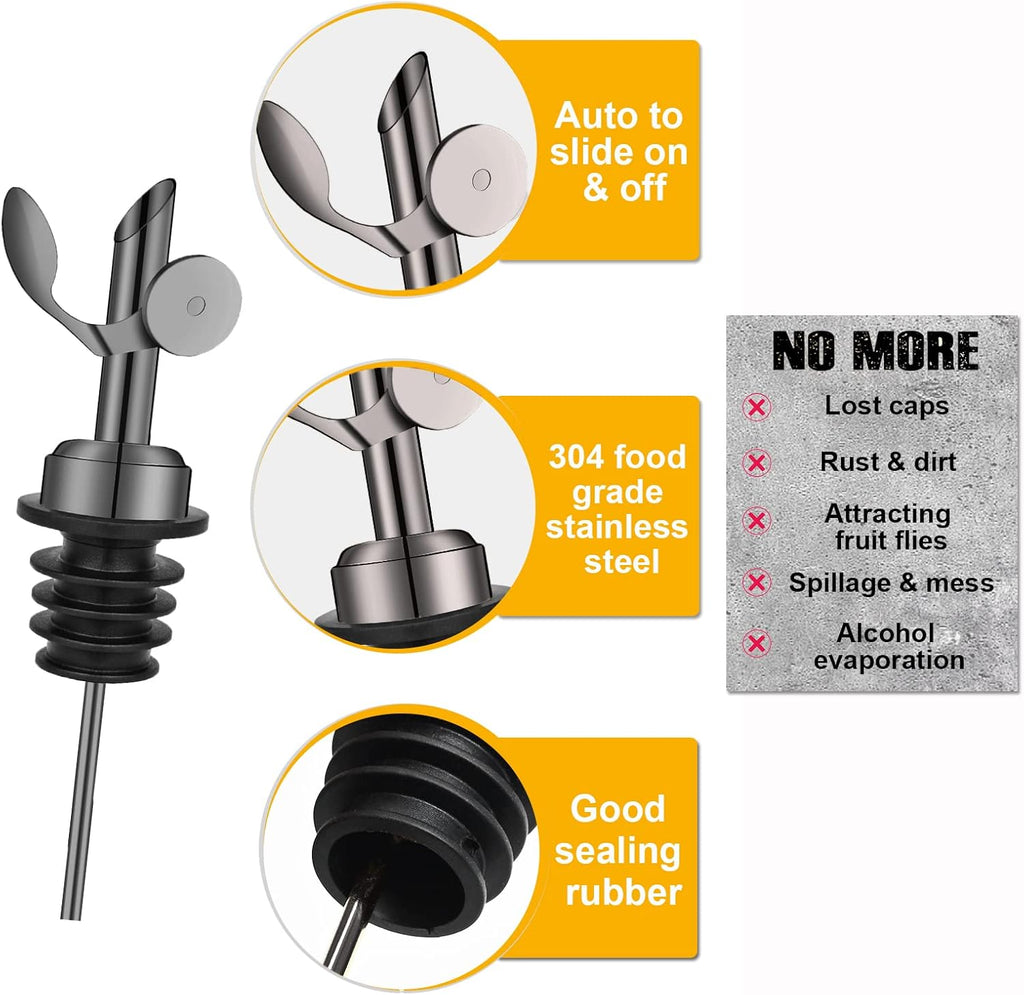 Weighted Stainless Steel Bottle Pourers, Auto Flip Feature Self Closing Olive Oil Dispenser Spout with 1 Cleaning Brush, Liquor Pour Spouts for Pours Liquid, Olive Oil, Wine, Vinegar (Black)