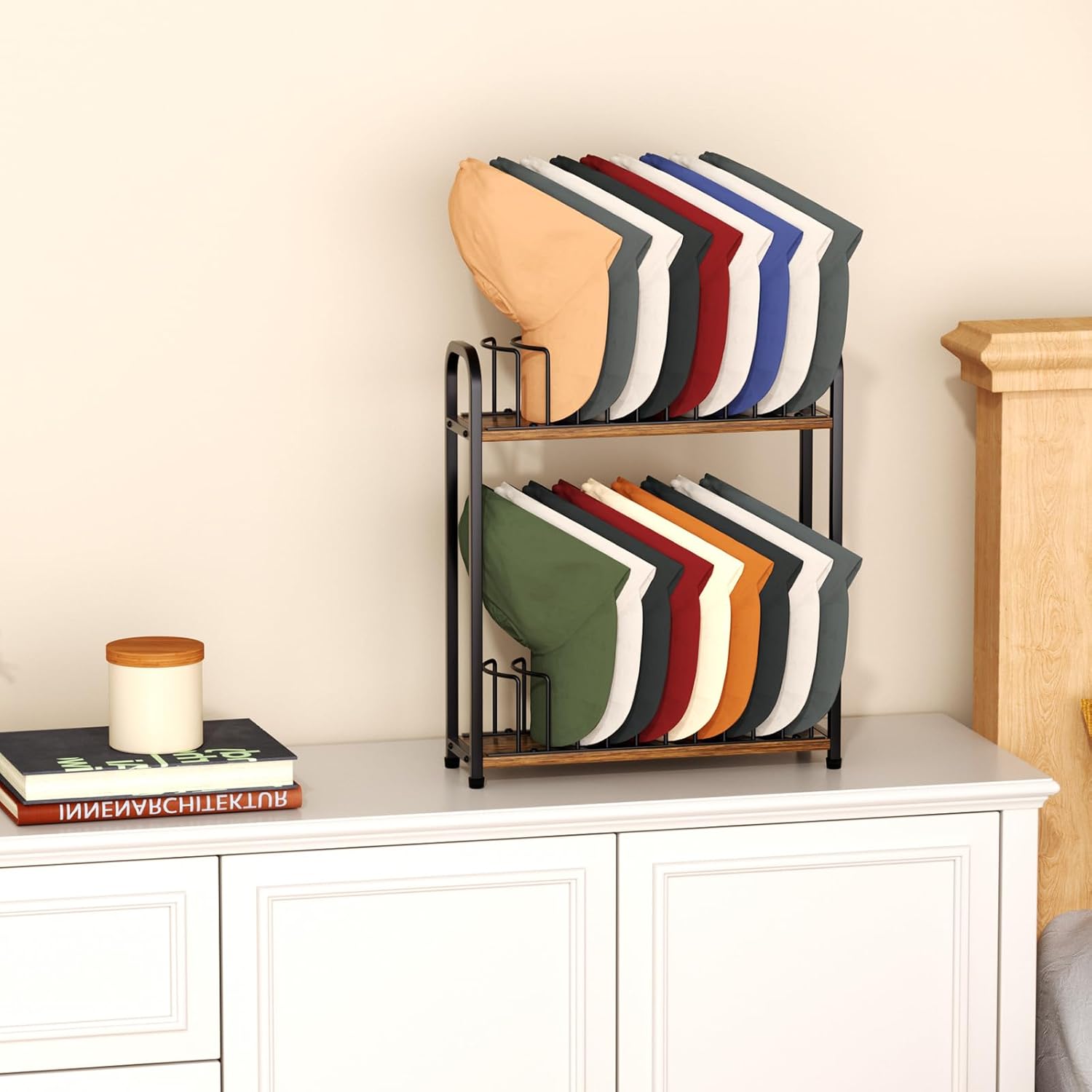 SWTYMIKI Hat Stand for Baseball Caps - 2-Tier Wood & Metal Organizer | Holds Up to 20 Caps (Black)