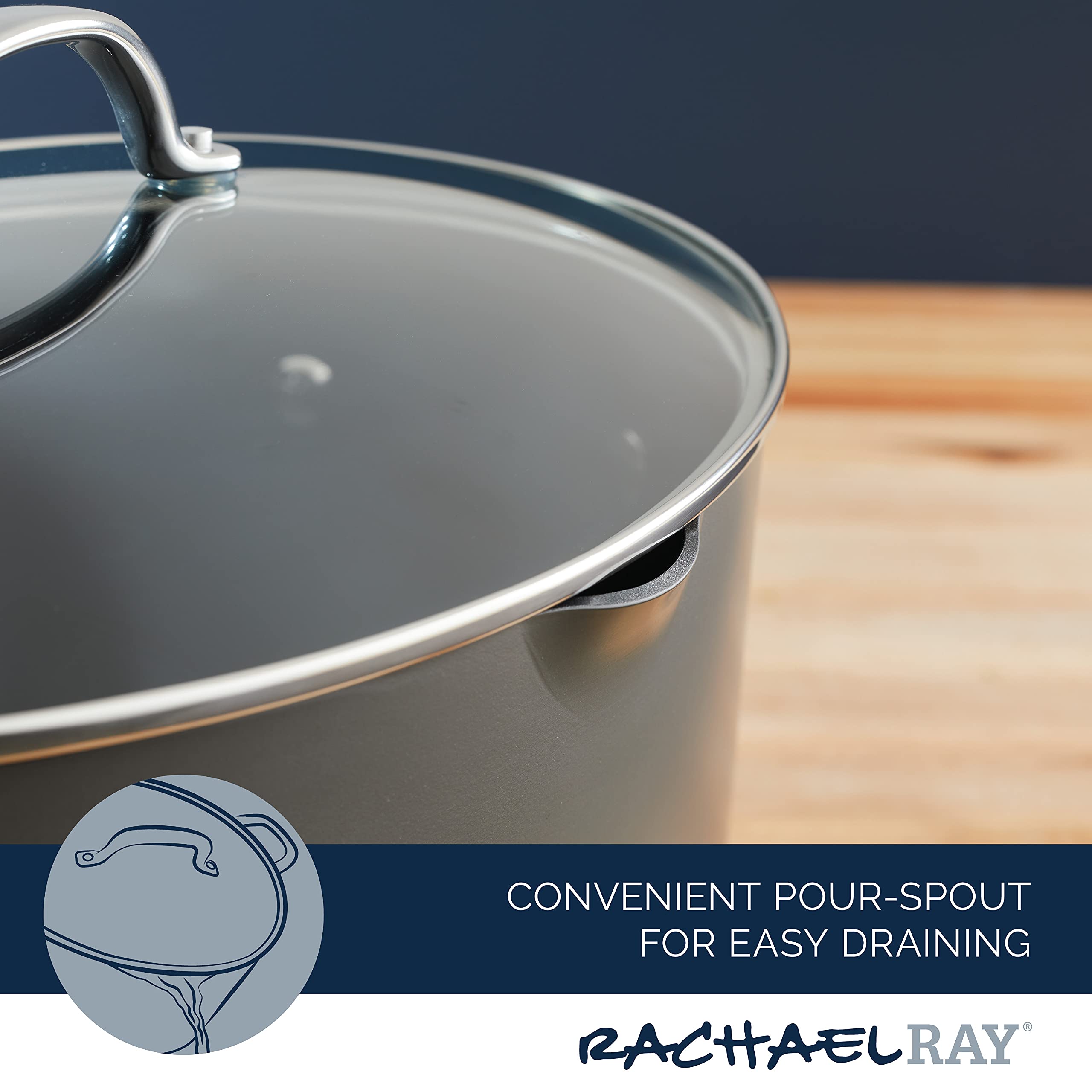 Rachael Ray 80090 Professional Hard Anodized Nonstick Cookware Oval Pasta Pot/Braiser, 8 Quart - Gray