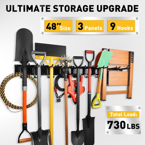 ELEAD Heavy Duty Garage Tool Organizer - 9 Pairs Wall Mount Hooks | 48 Inches, 730 lbs Capacity for Garden & Yard Tools