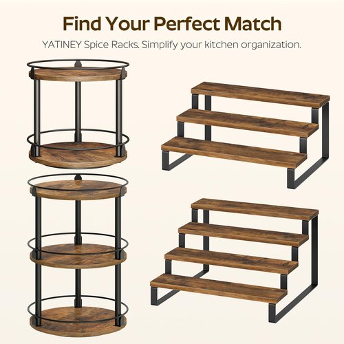 YATINEY Spice Rack, 4 Tier Wooden Display Riser Stand, Kitchen Storage Organizer for Spices, Versatile Display Shelf, Space Saving, for Kitchen Countertop and Cabinet, Rustic Brown SR04L2BR