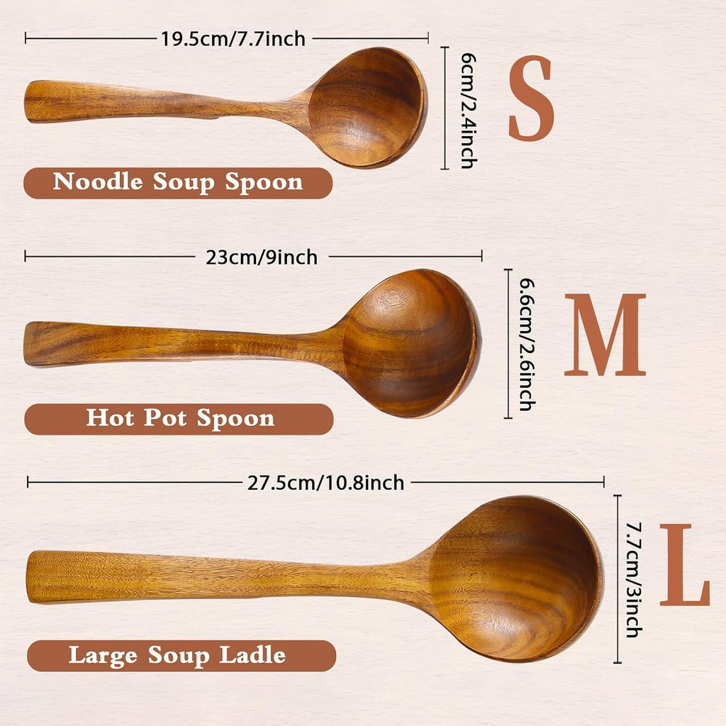 Skiennix Wooden Ladle - Natural Teak Cooking Spoon Set | Non-Stick, 3 Sizes Available