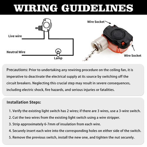 Hunter Ceiling Fan Light Switch E87438 - Pull Chain Switch, Two-Wire On-Off, 11" Beaded Chain, 3A/6A 125V/250VAC