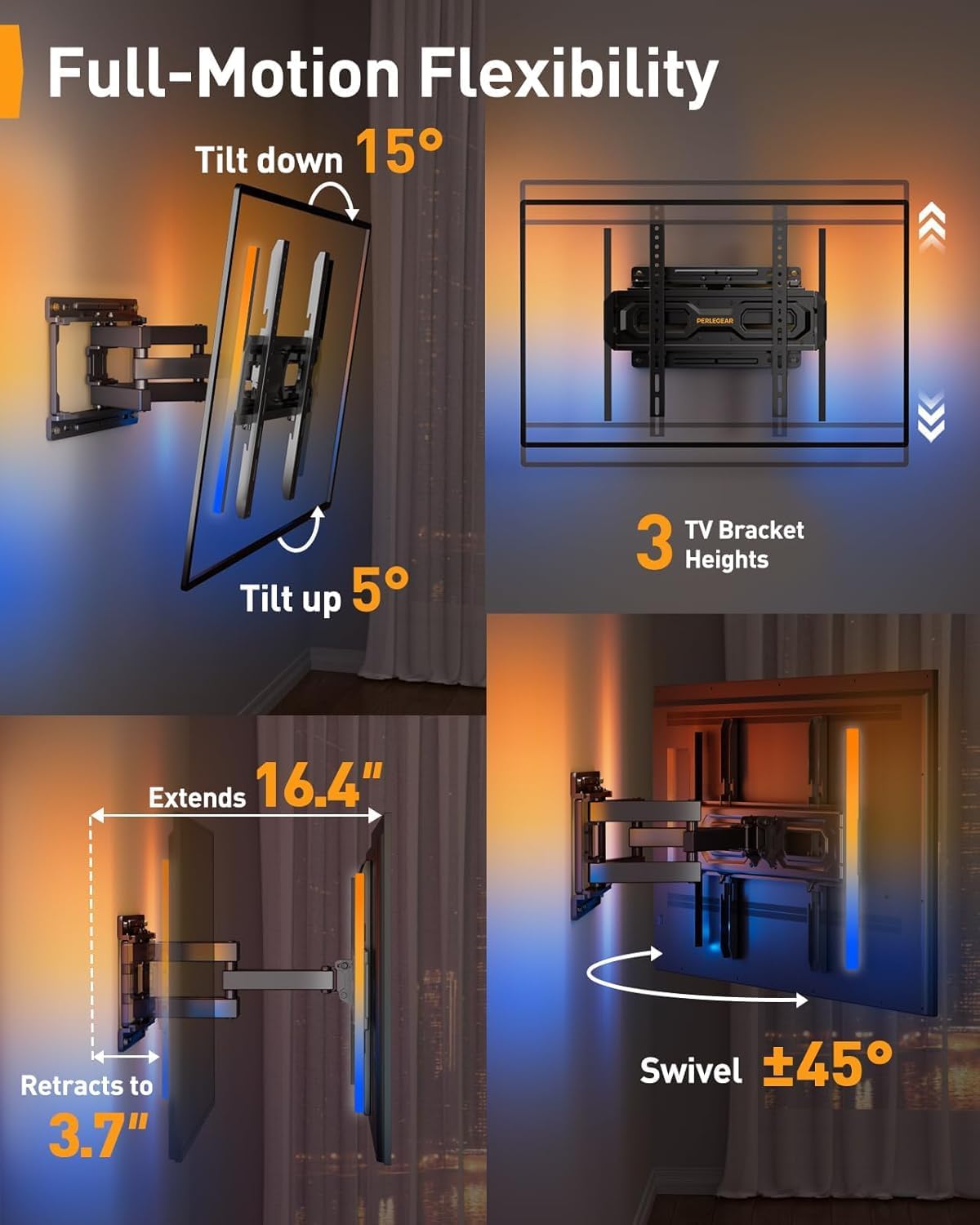 Perlegear AuraFrame™ TV Wall Mount - Pre-Assembled with LED Lights for 26-65 Inch TVs, Max VESA 400x400mm, Swivel & Tilt