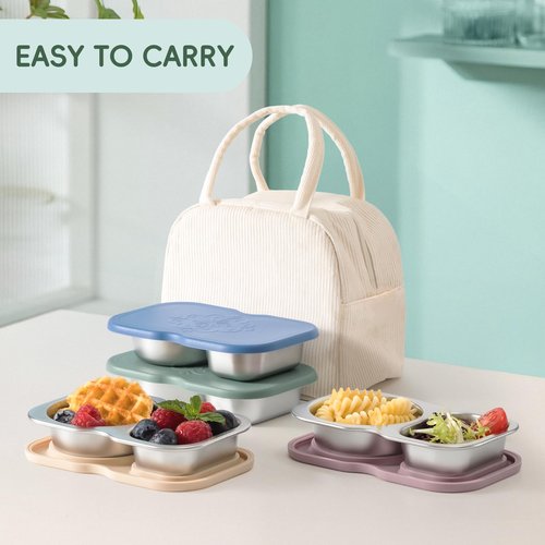 VITEVER 4 Pack Stainless Steel 2-Compartment Snack Containers with Lids, Reusable Snack Pack Containers, Lunch Box Accessories,Double Compartment Salad Dressing Containers to Go, 5.3oz
