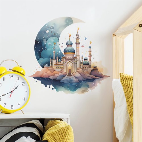 Dreamy Moon Castle Stars Cartoon Wall Stickers, sacinora Islam Blue Castle Wall Decals Removable Vinyl Peel and Stick for Kids Baby Nursery Bedroom Playroom Toddler Room Art Home Decorations