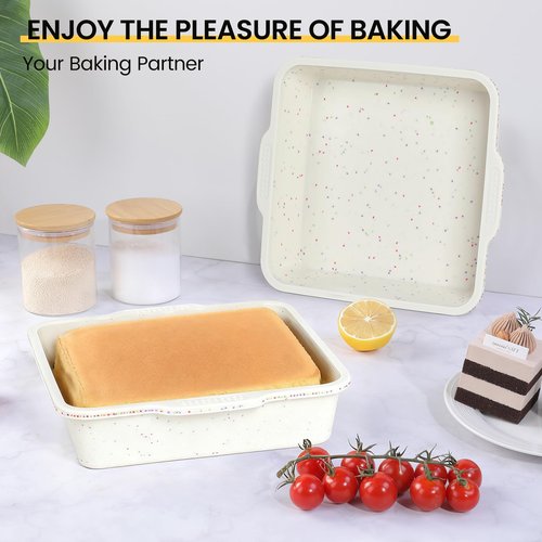 Vinino 8 x 8 Inch Silicone Square Brownie Cake Pan with Metal Reinforced Frame Set of 2, Nonstick Silicone Brownie Pans BPA Free Suitable for Making Cakes, Brownies, Bread