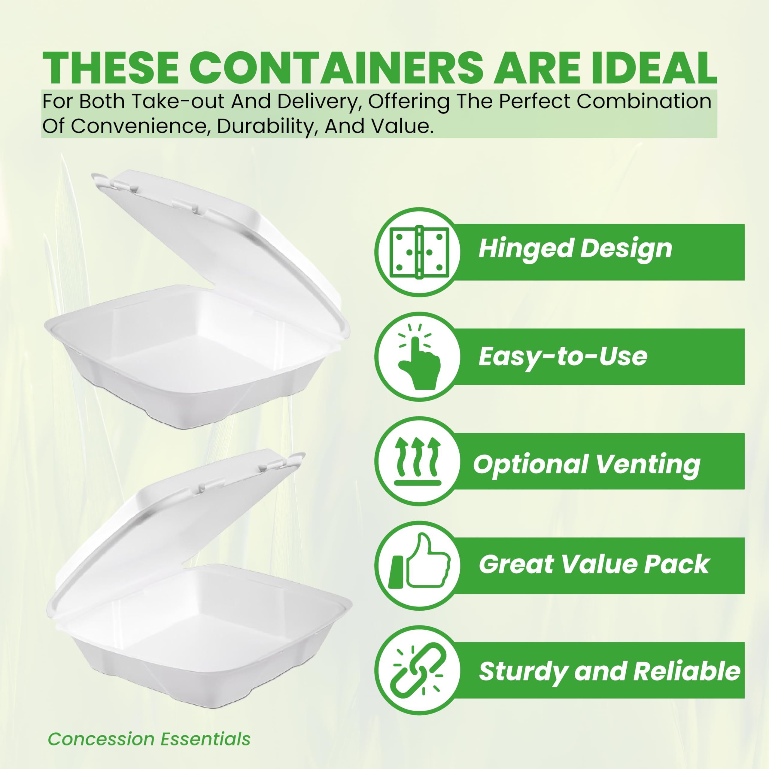Concession Essentials Pack of 30CT Choice Large 9 x 9 x 3.5 Inch Foam 1-Compartment Containers, White, Hinged, with Optional Venting, Polystyrene, 9"L x 9"W x 3.5"H
