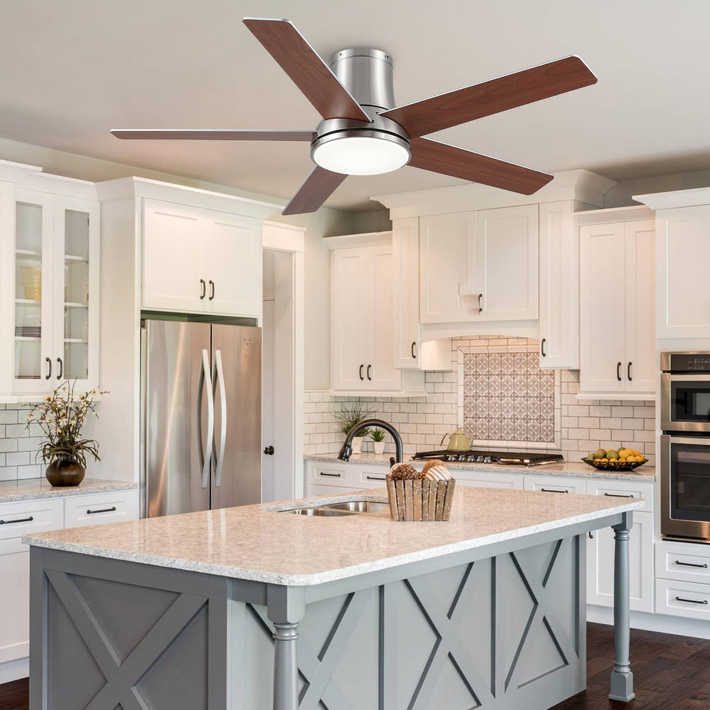 Realmate 52 Inch Ceiling Fans with Lights and Remote,Nickel Flush Mount Ceiling Fan,Quiet 6 Speed Reversible DC Motor,3CCT Dimmable LED,3 Timers-Low Profile Design for Bedroom Kids Room Living Room