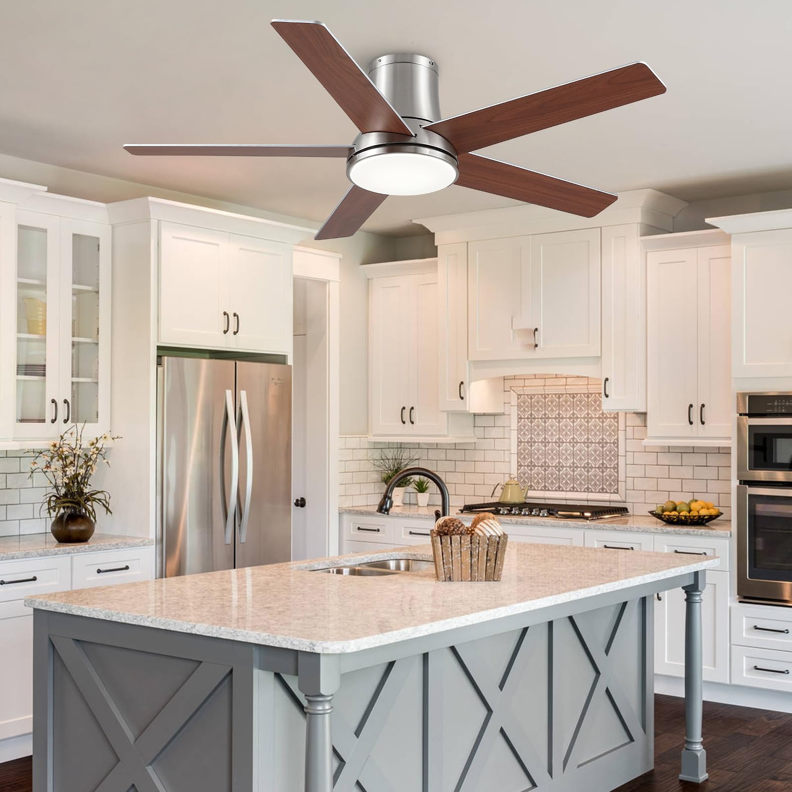 Realmate 52 Inch Ceiling Fans with Lights and Remote,Nickel Flush Mount Ceiling Fan,Quiet 6 Speed Reversible DC Motor,3CCT Dimmable LED,3 Timers-Low Profile Design for Bedroom Kids Room Living Room