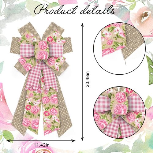 Hying Large Spring Flower Bow - Pink Natural Burlap for Wreaths & Front Door Decor