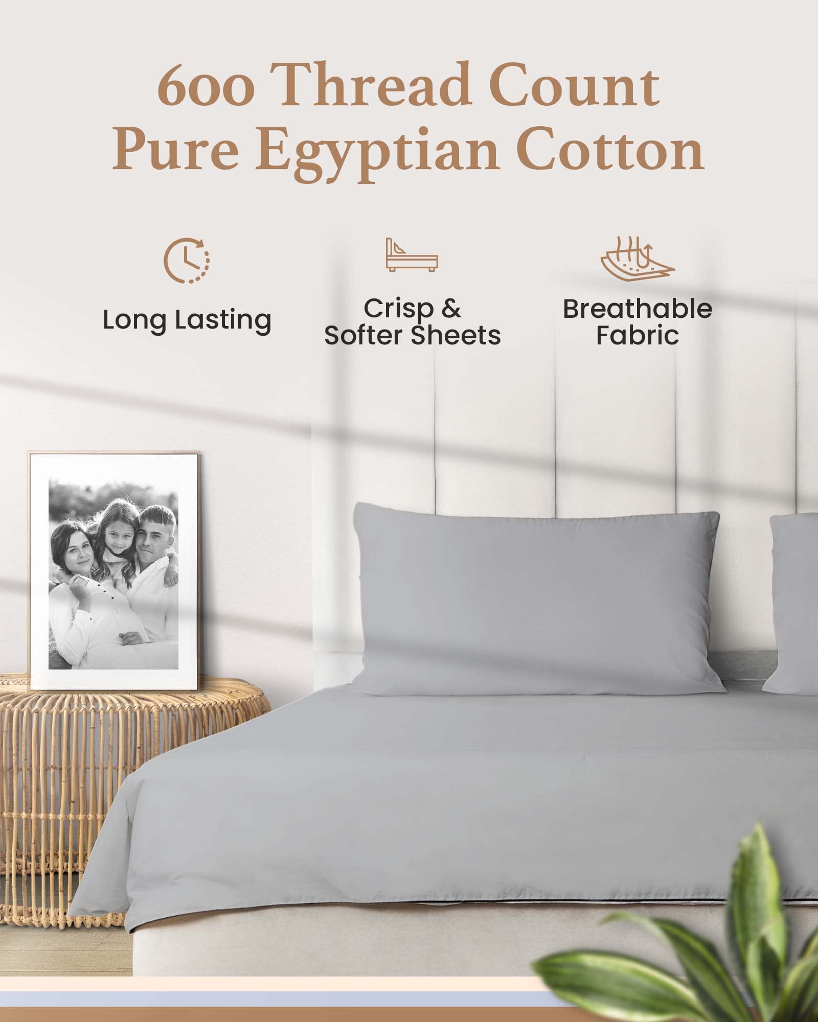 Olympic Queen Sheets Set, 100% Egyptian Cotton, Luxury 600 Thread Count, 4 Pc Super Queen Sheets Sets, Soft & Breathable, Snug Fit,16" Deep Pocket Fitted Sheet, 2 Pillowcases & 1 Flat Sheet,Light Gray