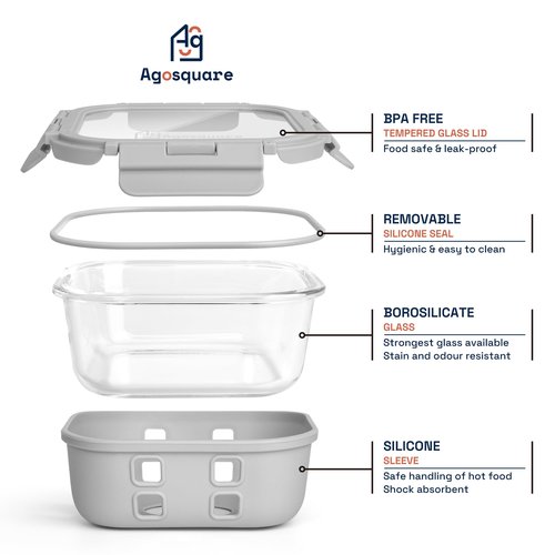 Agosquare Glass Food Storage Containers with Glass Lids – 28oz Meal Prep Containers, Lunch Box with Silicone Sleeve – Stackable Containers for Lunch & Leftovers